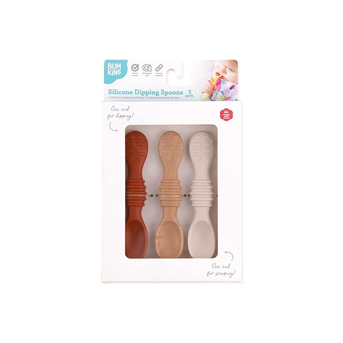 Bumkins Baby Utensil Set, Silicone Trainer Spoons for Dipping, Soft Tip, Self-Feeding, Chew, Baby Led Weaning, First Year Training Supplies, Essentials in Learning Eating, 4 Mos, 3-pk Beige and Brown