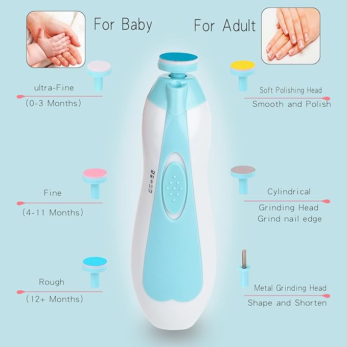 Baby Nail Trimmer Electric, Safe Baby Nail File with Light and 6 Grinding Pads for Newborn Toddler Toes and Fingernails,Baby Nail Trimmer Infant Nail File Electric (Blue)