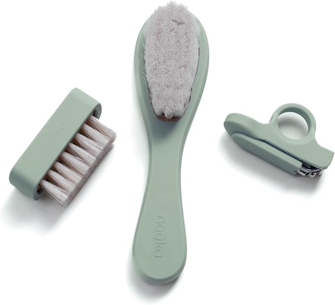 nouka Baby Care Kit Set | Ultra-Soft Natural Bristle Hair Brush, Nail Clippers & Nail Brush | Wood with Silicone Sleeve | Leaf