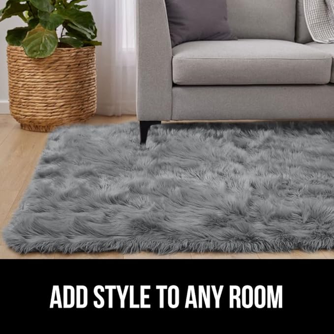 Gorilla Grip Fluffy Faux Fur Rug, 4x6, Machine Washable Soft Furry Area Rugs, Rubber Backing, Plush Floor Carpets for Baby Nursery, Bedroom, Living Room Shag Carpet, Luxury Home Decor, Gray