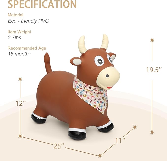 INPANY Bouncy Bull Farm Animal Hopping Toys for 1 2 Year Old Boy Gifts, Ride on Toddler Brown Cow Hopper 3 4