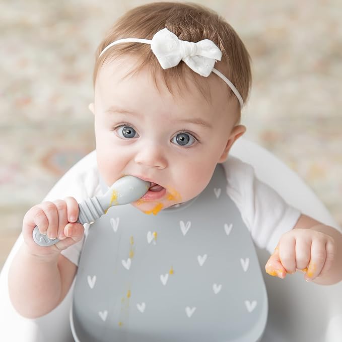 Bumkins Baby Utensil Set, Silicone Trainer Spoons for Dipping, Soft Tip, Self-Feeding, Chew, Baby Led Weaning, First Year Training Supplies, Essentials in Learning Eating, 4 Mos, 3-pk Gray and Green