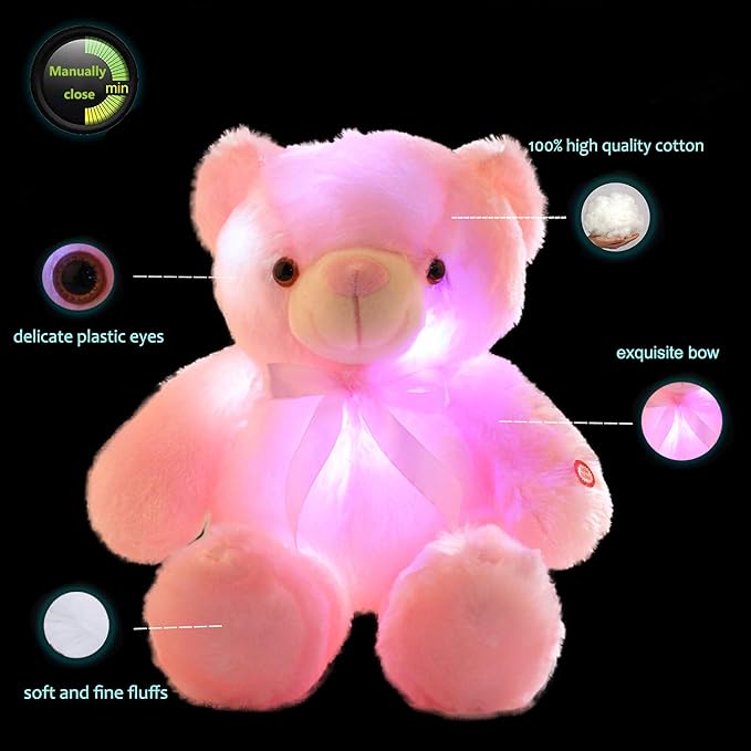 LED Teddy Bears Stuffed Animals, Cute Glow Bear Plush Toys Creative Colorful Luminous Light Up Doll Gifts for Bedroom (Pink,18 inch)