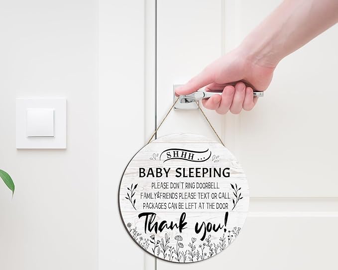 Pigort Funny Baby Sleeping Hanging Sign Plaque, Do Not Knock Or Ring The Bell (12x12inch)(Round-White)