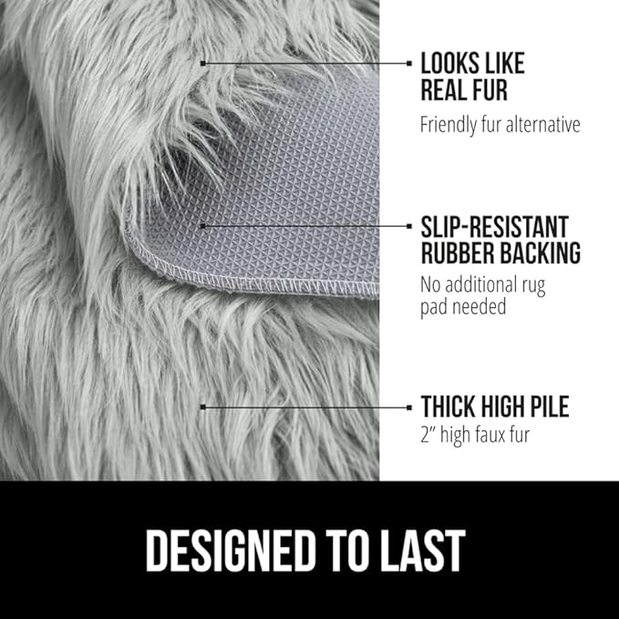 Gorilla Grip Fluffy Faux Fur Rug, 6x9, Machine Washable Soft Furry Area Rugs, Rubber Backing, Plush Floor Carpets for Baby Nursery, Bedroom, Living Room Shag Carpet, Luxury Home Decor, Light Gray