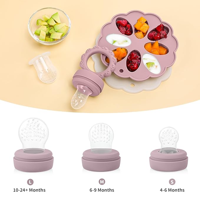 Baby Fruit Feeder with Mini Freezer Tray, 2 Pack Silicone Baby Food Feeder for Batch Prep 2 Extra