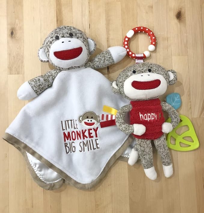 Baby Starters Plush 14 inch Snuggle Buddy with Embroidery and Satin, Sock Monkey Blanket and Toy