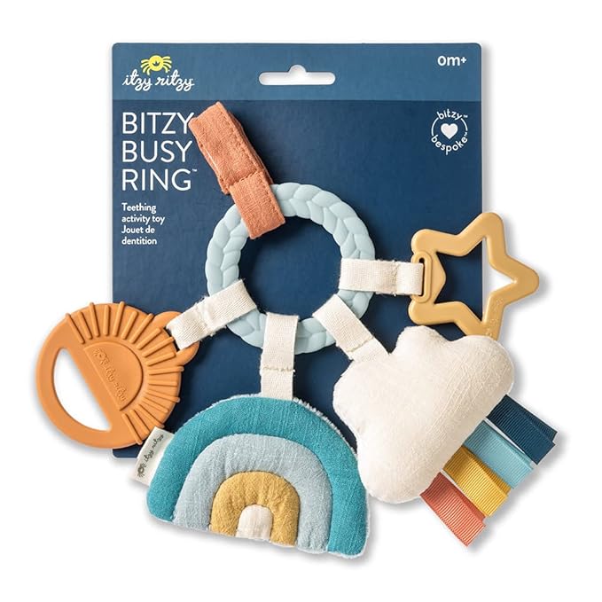 Itzy Ritzy Teething Activity Toy - Bitzy Busy Ring Infant Teething Toy Features Braided Ring & Dangling Toys, Includes Teether 0 Months