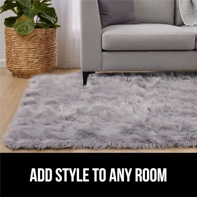 Gorilla Grip Fluffy Faux Fur Rug, 4x6, Machine Washable Soft Furry Area Rugs, Rubber Backing, Plush Floor Carpets for Baby Nursery, Bedroom, Living Room Shag Carpet, Luxury Home Decor, Light Gray