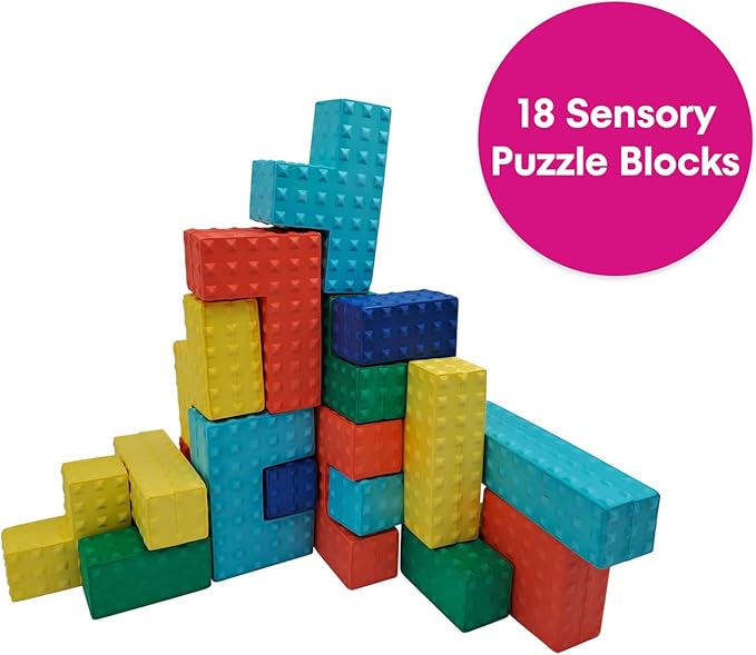 Edushape Sensory Puzzle Blocks - Set of 18 Colorful Textured Interlocking Construction Stacking Blocks 1-3