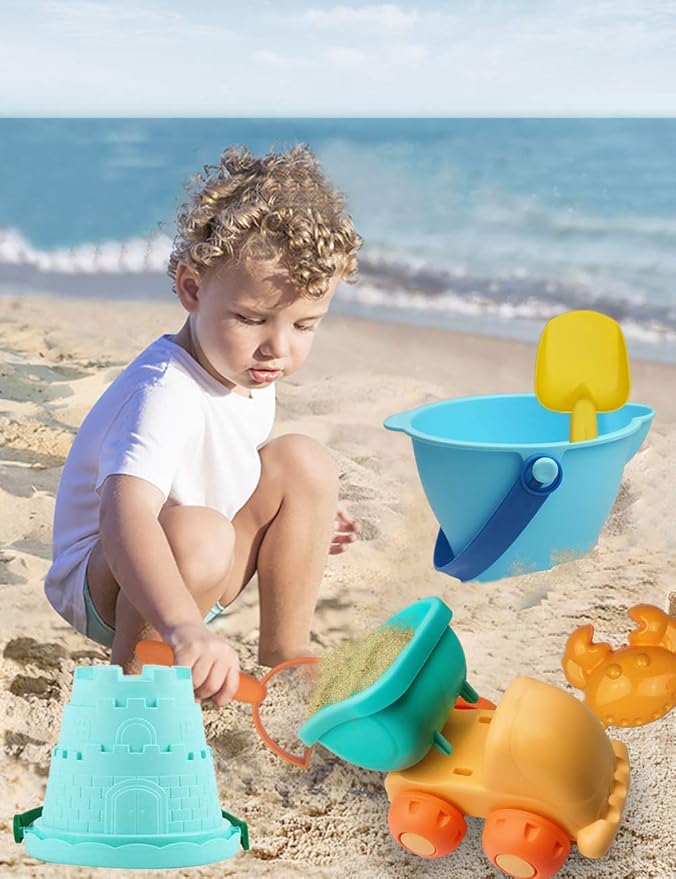 IOKUKI Long Shovels Sand Toys Set with Mesh Bag Including Dump Truck, Beach Buckets (15 PCS) 3+