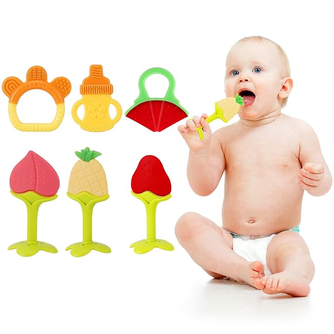 NASHRIO Baby Teething Toys Pack of 6 - Silicone BPA Free Natural Organic Freezer Safe Teethers for Newborn Infant, Soft & Textured