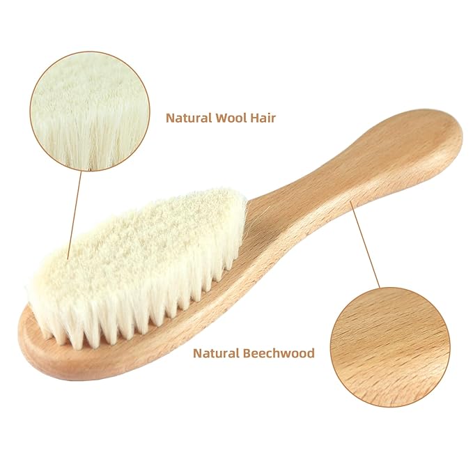 Baby Hair Brush and Comb Set (4-Piece) for Newborn - Wooden Baby Hairbrush Set,A Beechwood Brush, Baby Airbag Brush, Beech Handle Brush, and Prevent Cradle Cap Silicone Brush - Ideal Registry Gift