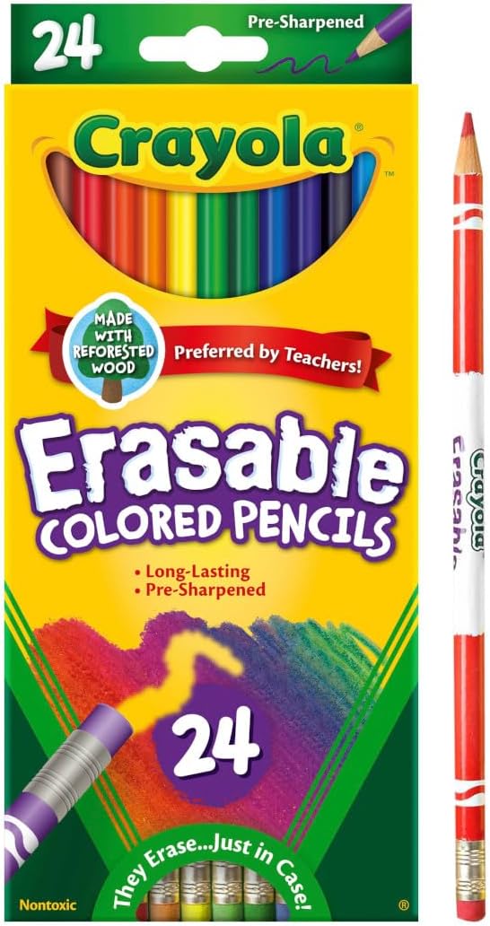 Crayola Erasable Colored Pencils (24ct), Kids Coloring Pencils for Coloring Books, Assorted Colors, Arts & Crafts Supplies, Gifts, Ages 6+