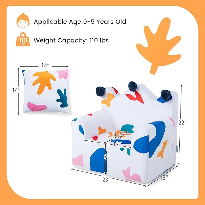 Costzon Kids Couch, Foam Filled Children's Sofa Armchair with Padded Pillow, Washable Velvet Cover & Soft Sponge Filling, Upholstered Sofa Chair Gift for Preschool, Playroom, Toddler Couch (Leaf)