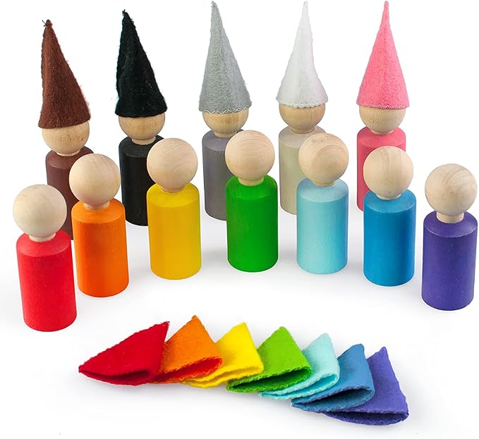 Ulanik Peg Dolls with Hats Toddler Montessori Toys for 3 Year Old + Kids Wooden Waldorf Dolls for Learning Color Sorting and Counting β 12 Gnomes, 2.36 in