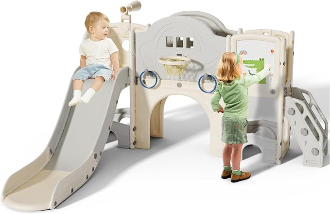 10 in 1 Toddler Slide for Toddlers Age 1-3, Extra-Long Slide with Basketball Hoop Indoor and Outdoor Baby Climber Playset Playground Freestanding Slide (Large
