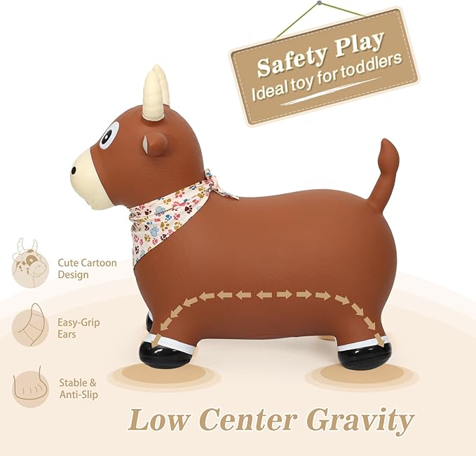 INPANY Bouncy Bull Farm Animal Hopping Toys for 1 2 Year Old Boy Gifts, Ride on Toddler Brown Cow Hopper 3 4