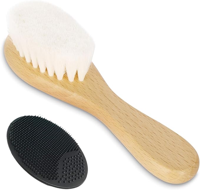 Baby Hair Brush, Mocokkiti Goat Bristles Brush and Baby Cradle Cap Brush Set for Cradle Cap Wood Bristle Brush for Newborns and Toddlers 2PCS