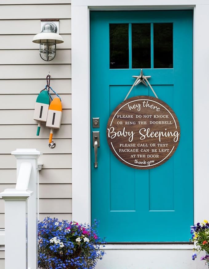 OLMIXA Baby Sleeping Wooden Sign (12x12 inch), Do Not Knock or Ring Door Knob Sign for Front Door