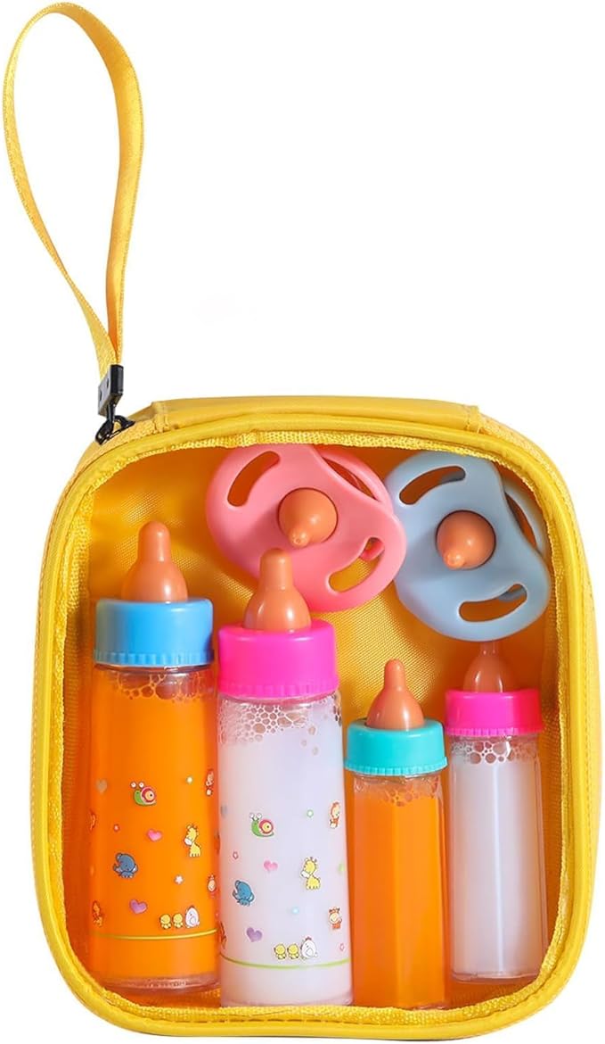 Magic Disappearing Milk and Juice Bottles with Pacifiers for Baby Doll Accessories,6 Pieces Pretend Play Feeding Toy Set 4 Bottles 2 Pacifiers