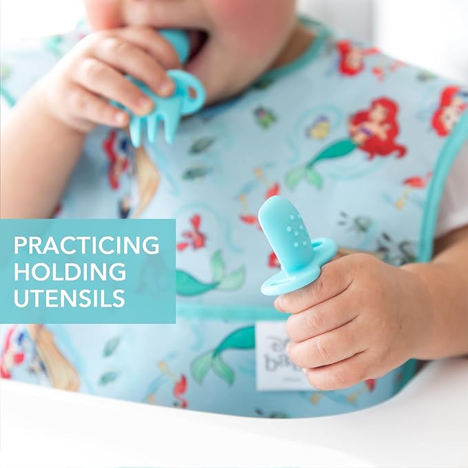 Bumkins Baby Utensils Set, Chewtensils Silicone Spoons for Dipping, Self-Feeding, Baby Led Weaning, Trainer Learning First Stage Eating, Soft Practice Fork and Spoon, Babies 6 Months, Blue