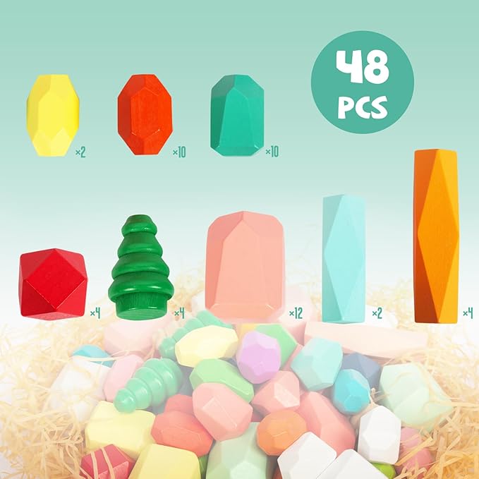 48 PCS Wooden Sorting Stacking Rocks Stones,Sensory Toddler Toys Learning Montessori STEM Toys 3-6 Years