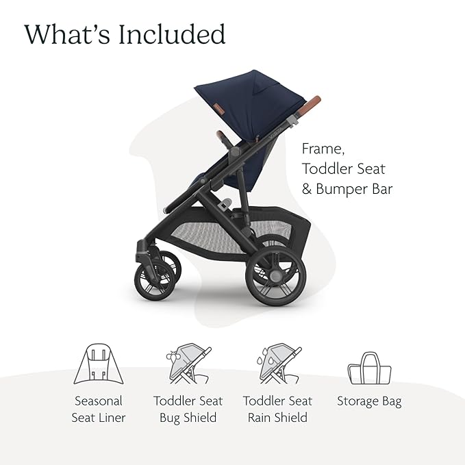 UPPAbaby Vista V3 Stroller - Full-Size Single-to-Double Stroller System - Toddler Seat, Bug Shield, Rain Shield, and Storage Bag Included - Noa (Navy/Carbon Frame/Saddle Leather)