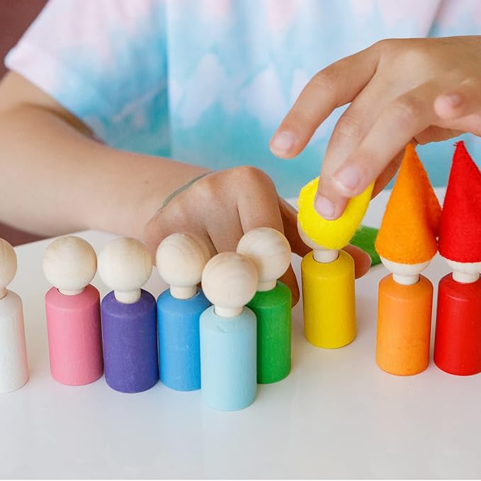 Ulanik Peg Dolls with Hats Toddler Montessori Toys for 3 Year Old + Kids Wooden Waldorf Dolls for Learning Color Sorting and Counting β 12 Gnomes, 2.36 in