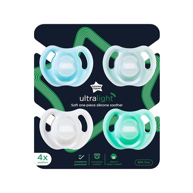 Tommee Tippee Ultra-light Silicone Pacifier, Symmetrical One-Piece Design 0-6 months, 4 Pacifiers