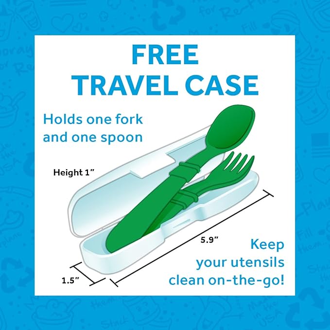Re-Play Made in USA Toddler Forks and Spoons, Pack of 8 With Carrying Case - 4 Kids Forks with Rounded Tips and 4 Deep Scoop Toddler Spoons - 0.2" Thick Toddler Utensils with Case, Sparkle