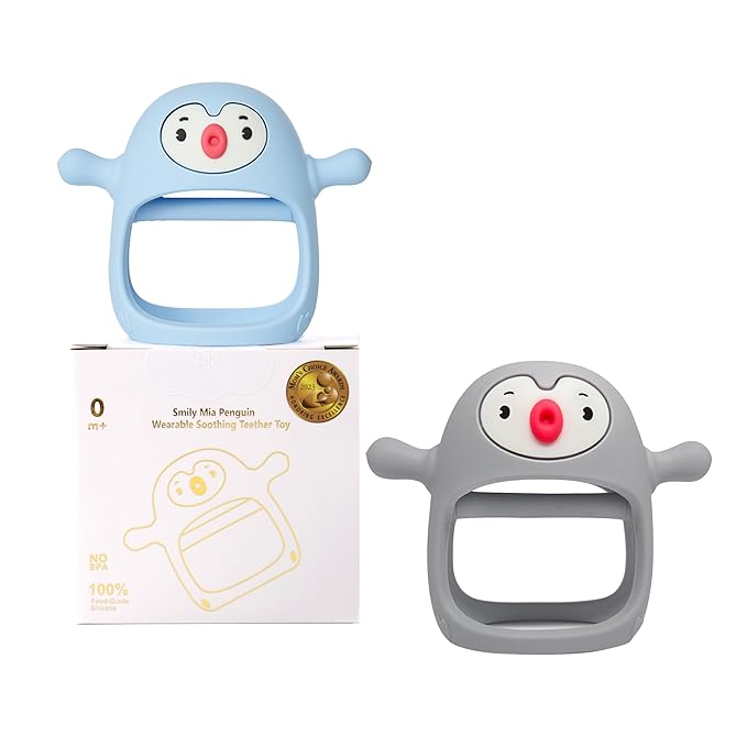 Smily Mia 2pack Penguin Teether for Babies 0-6Month, Baby Essentials
