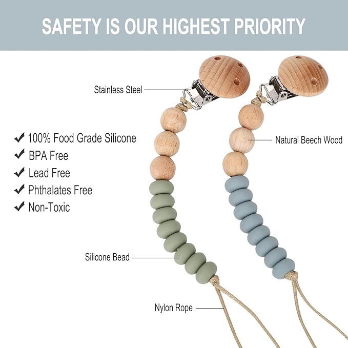 2 Pack Pacifier Holder Clips for Binky & Teether, Silicone Baby Pacifier Clip for Baby Girls(Sage