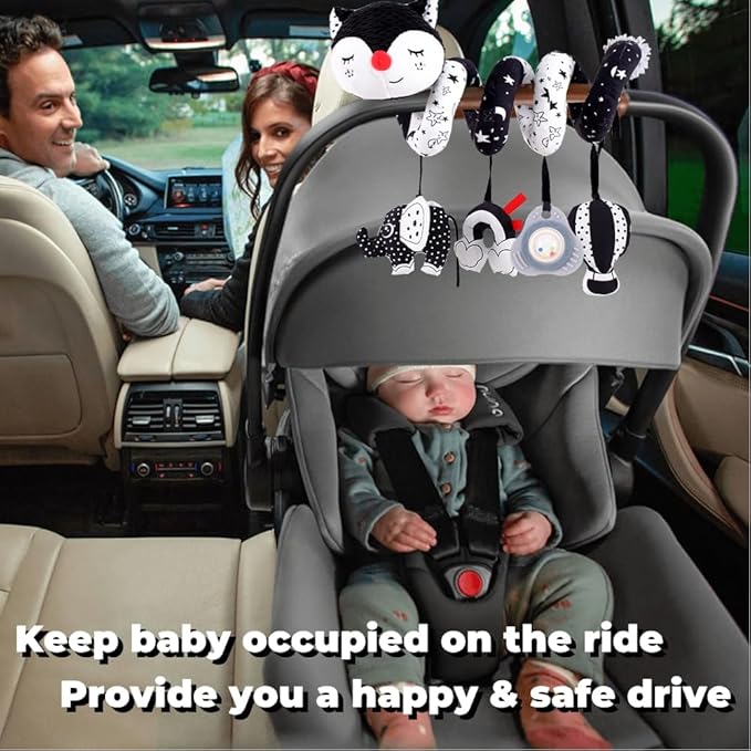 Car Seat Toys for Infants 0-6 Months, High Contrast Baby Toys Black and White Hanging Crib & Stroller Toy 3-6 Newborn Developmental Toy 0-3-6-12 Months with Music Rattles