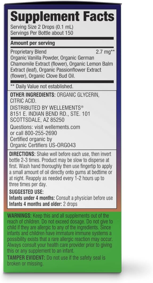 Wellements Organic Nighttime Baby Tooth Oil. Soothing Massage Oil 0.5 Fl 4 Months