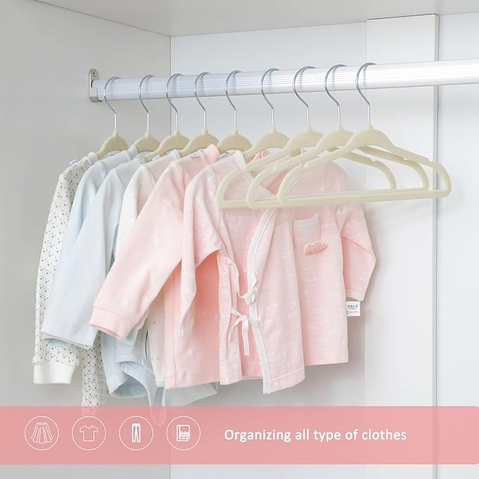 ManGotree 10.95" Baby Velvet Hangers, Non-Slip Infant Coat Hangers, Ultra-Thin Toddler Felt Hangers with 360° Swivel Hook, Space Saving Children's Hangers for Kids Clothes, 48 Pack (Beige)