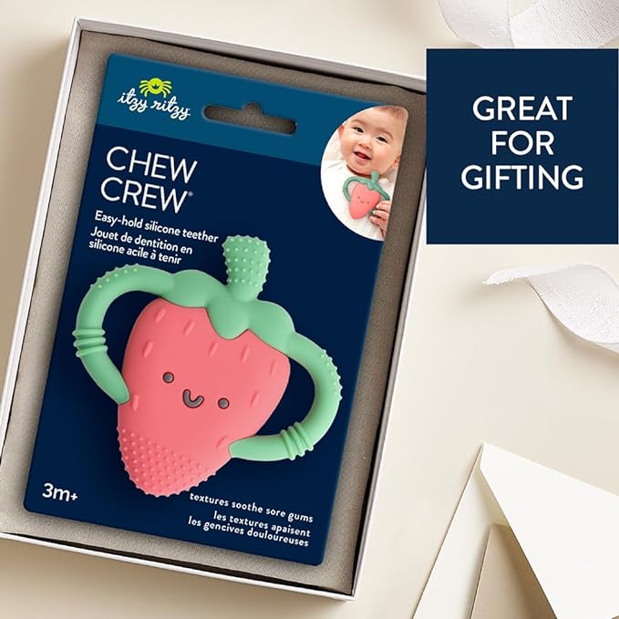 Itzy Ritzy Strawberry-Shaped Baby Teether with Handles; Silicone Teether 3 Months