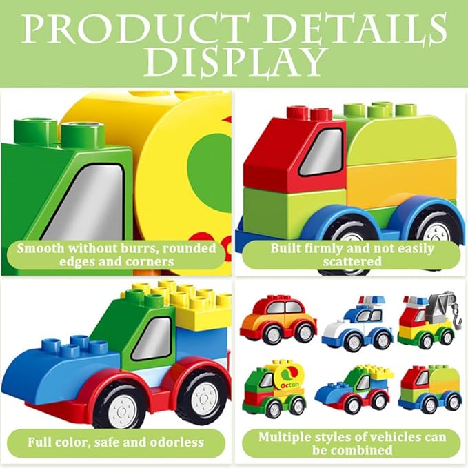 85PCS Toddlers Car Building Blocks Set, 6Pcs Different Vehicles and A Counting Train Educational Toy 3+ years