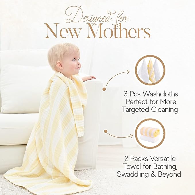 Muslin Baby Bath Towel Set, 2 Large Gauze Super Soft Baby Bath Towel and 3 Washcloths, 6 Layers Muslin Cotton Infant Blanket Suitable for Baby's Delicate Skin (Amsicotion)