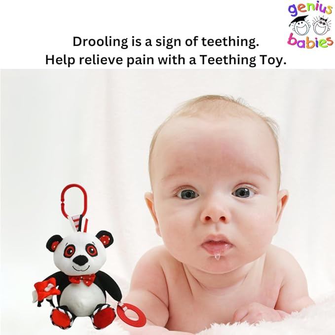 Genius Baby Toys Panda Soft Sensory Toy with Teething Ring for Baby, Attaches to Stroller 8"