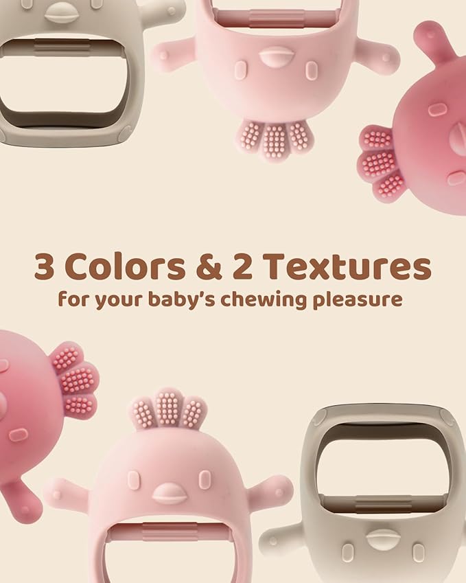 3 Packs Baby Teething Toy Silicone Teething Mitten for Babies Over 3 Months Anti Dropping Wrist Hand Teethers Baby Chew Toys for Sucking Needs, BPA Free (Pink