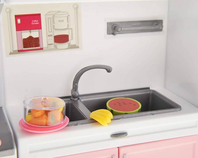 PowerTRC Doll Kitchen Play Set, Mini Modern Toy Pink Kitchen Pretend Play Furnitures Toy Set Accessories Set with Realistic Light & Sound for Kids Toddlers Girls (3-in-1)