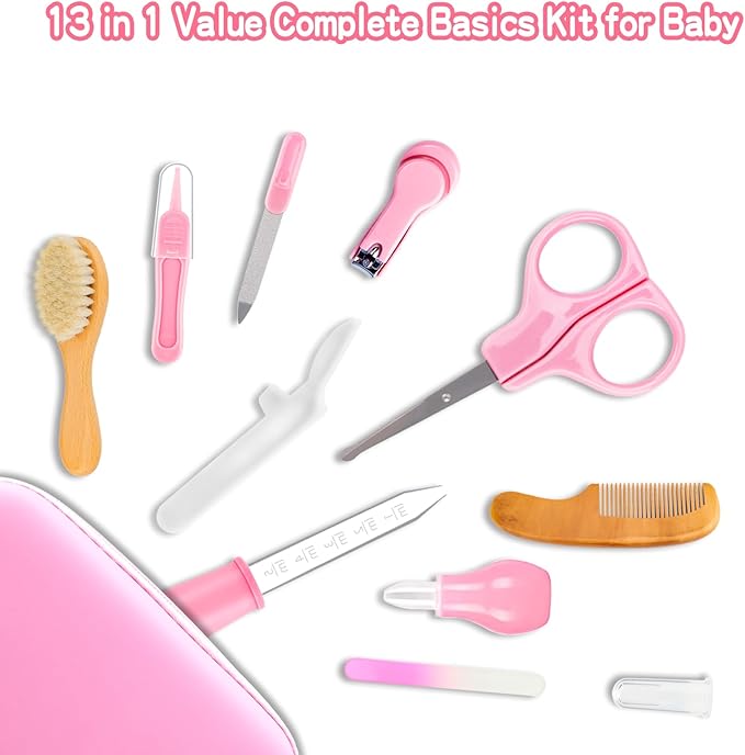 Baby Grooming Kit, Infant Safety Care Set with Hair Brush Comb Nail Clipper Nasal Aspirator,Baby Essentials Kit for Newborn Girls Boys(13 Pc Pink Kit)