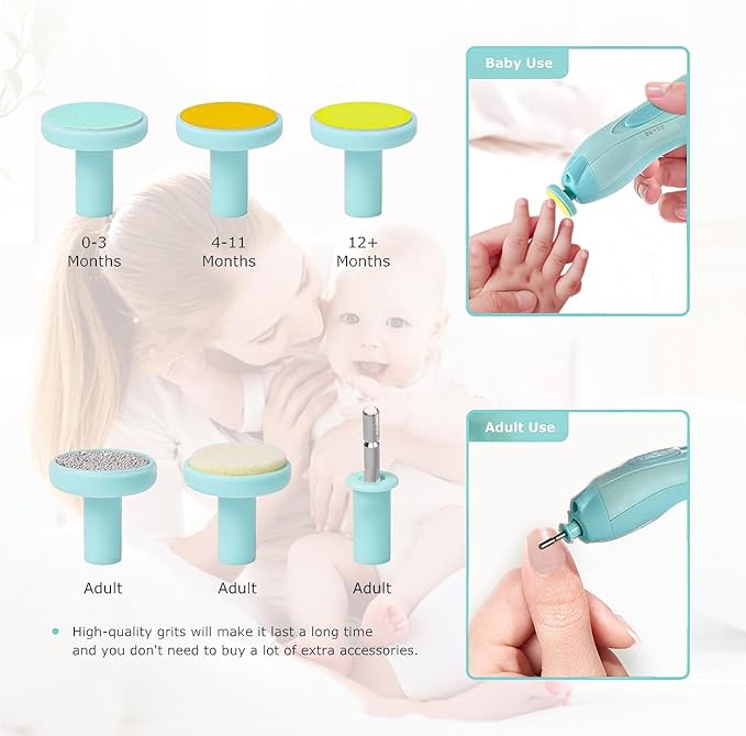 Baby Nail Electric Trimmer, Trim Polish Grooming Kit with 6 Grinding Head and LED Light, Safe Nail Clippers Nail File Kit for New Born Infant Toddler or Adults Toes and Fingernails (Green)