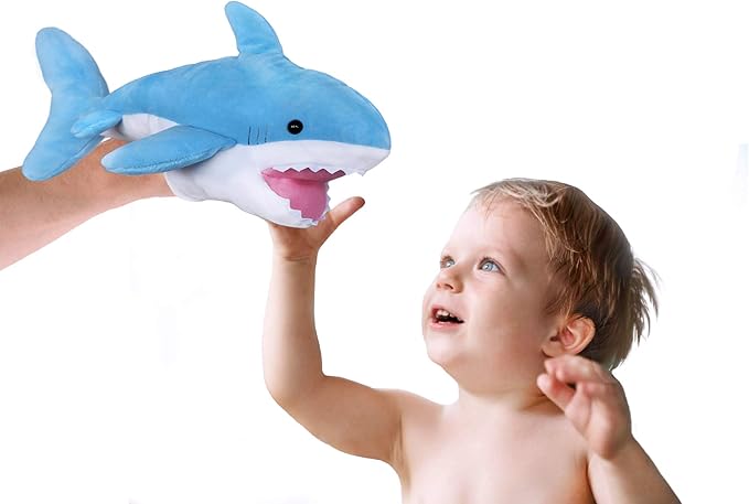 ICE KING BEAR Cute Blue Plush Shark Hand Puppet - Stuffed Animal Toy 14 Inches