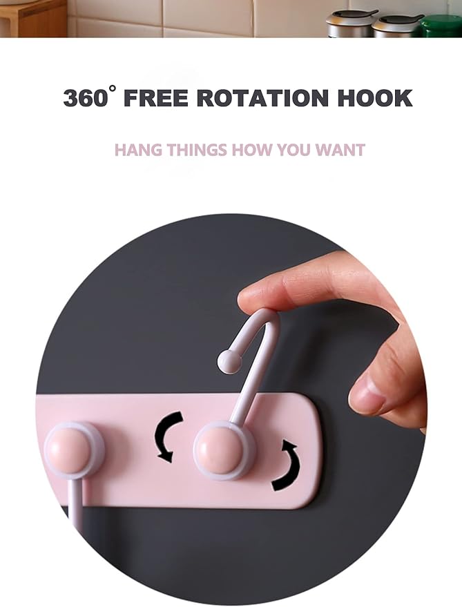 Coat Rack Wall Mount for Kids Room, 6 Rotating Adhesive Wall Hooks for Hanging Clothes Cooking Tools Towels in Kitchen,Bathroom,Office, Pink Decorative Hangers for Girls Bedroom (Pink 1 Pack)