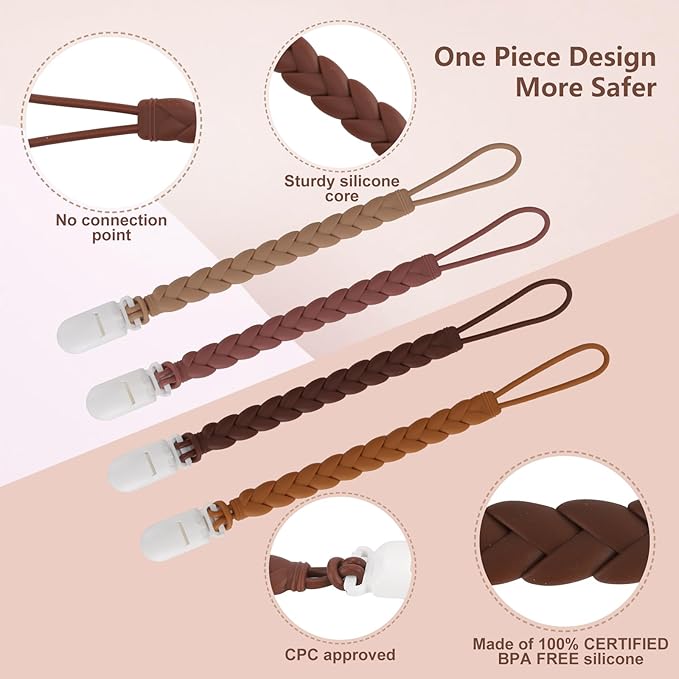 Stylish Silicone Pacifier Clips 4-Pack for Baby Boys and Girls, Woven Rope Flexible Design