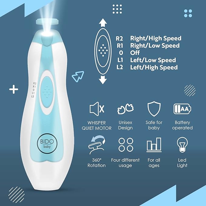 BİDO Baby Nail Trimmer File Electric-Safe Baby Nail Clippers,Manicure Kit for Newborn Toddler and Kids,12 Grinding Heads and LED Light, Pink or Blue (Blue)
