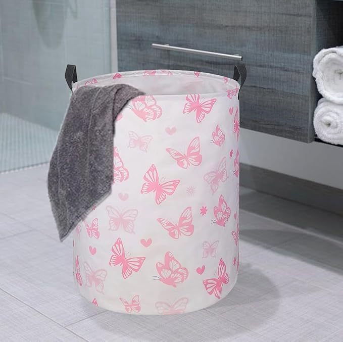 Round Pink Butterfly Laundry Basket for Girls Room Decor, Kids