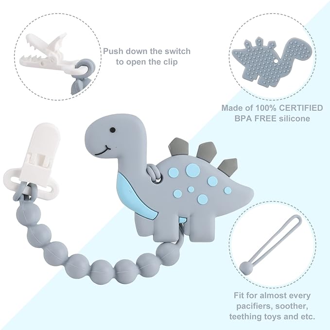 Baby Teething Toys for Babies 3-6 6-12 Months, Dinosaur Teether Pain Relief Toy with One Piece Design Pacifier Clip Holder Set